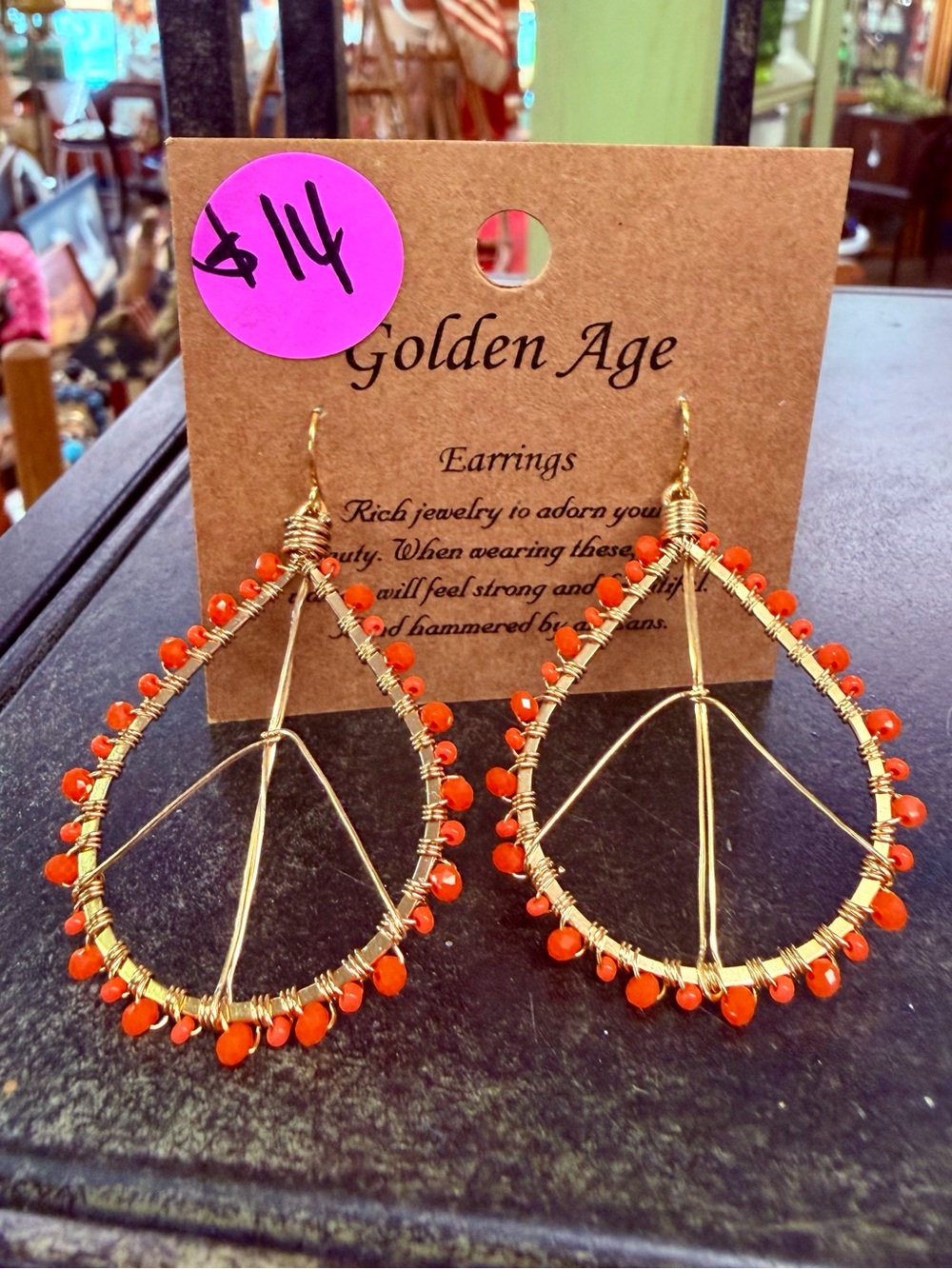 Gold Teardrop Earrings with Orange Beads